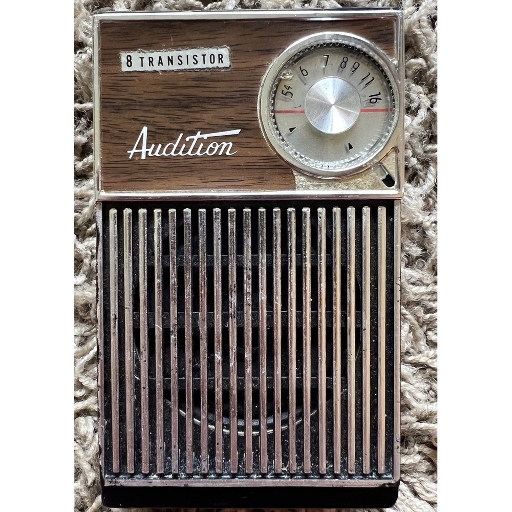 Vintage MCM Audition 8 Transistor Radio Wood Pattern Read Description